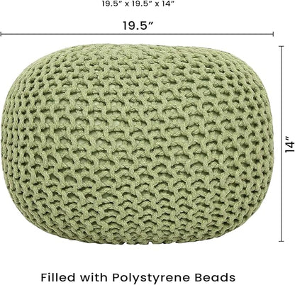 REDEARTH · Round Pouf Foot Stool Ottoman - Cotton Knitted Cord Boho Pouffe - Cable Poof Filled Footrest Stuffed for Living Room - Nursery - Bedroom - Patio - Lounge (19.5"x19.5"x14") - Kiwi