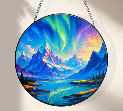Stained Glass Window Hanging,Winter Aurora Sun Catchers Stained Glass Panels for Indoor Windows Wall Art Decor, Birthday Gift for Mom Women Wife Men Lovers (7.87inch)