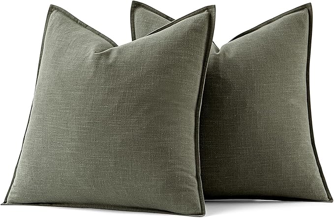 MIULEE Decorative Linen Pillow Covers 18x18 Inch Olive Green Boho FarmhouseNeutral Couch Throw Pillows for Bed Pack of 2 Accent Outdoor Pillowcase Modern Sofa Cushion Livingroom Home Decor