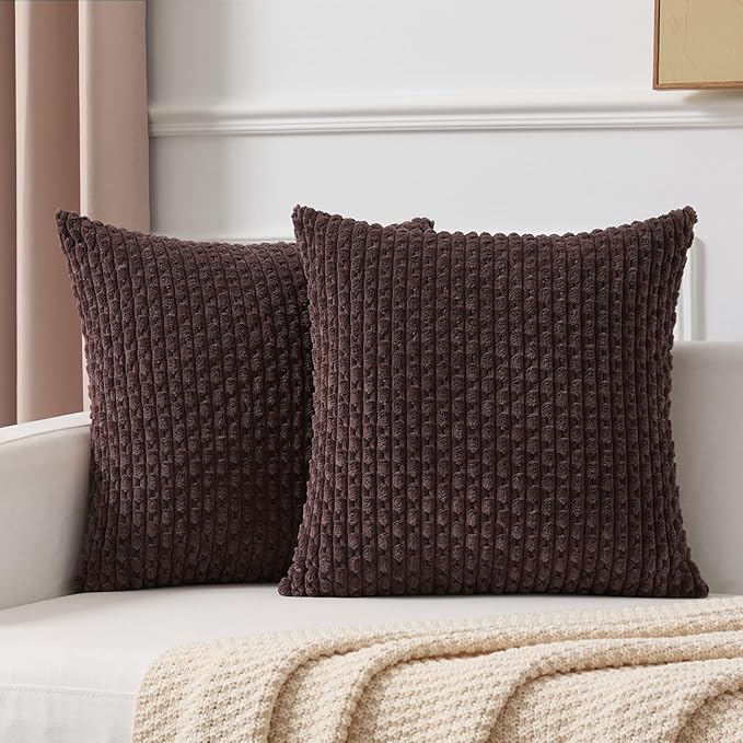 Kevin Textile Decorative Pillow Covers Set of 2 Striped Plush Corduroy Pillows Pillowcases Boho Home Decor Cushion Covers for Couch Sofa Bed Living Room 18x18 Inch, Coffee