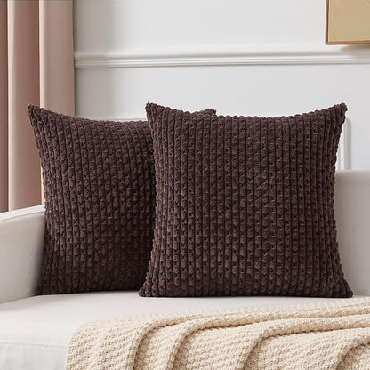 Kevin Textile Decorative Pillow Covers Set of 2 Striped Plush Corduroy Pillows Pillowcases Boho Home Decor Cushion Covers for Couch Sofa Bed Living Room 18x18 Inch, Coffee