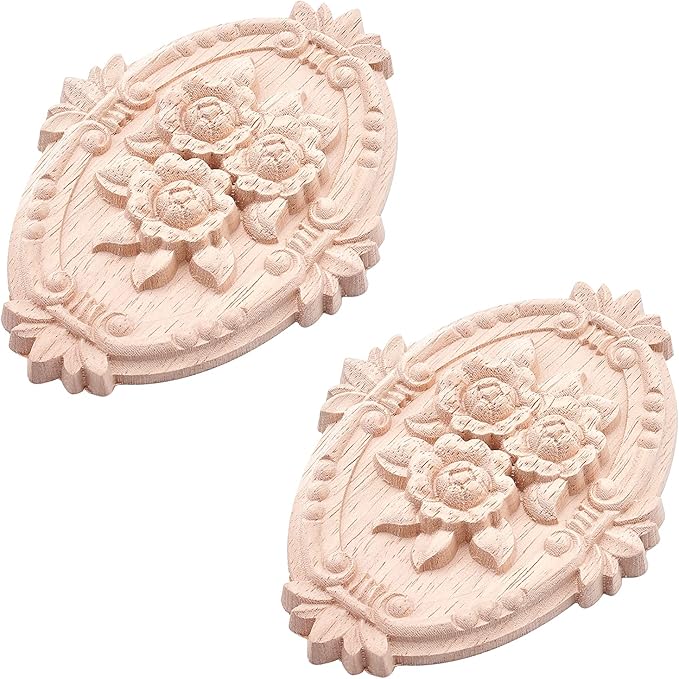 GORGECRAFT 2PCS Wooden Carved Onlay Appliques Oval Carving Decal Center Craft Unpainted Furniture Home Decoration Wood Carving Decal for Dresser Bed Door Cabinet Wardrobe Ceiling 5"x3.6"