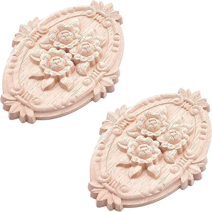 GORGECRAFT 2PCS Wooden Carved Onlay Appliques Oval Carving Decal Center Craft Unpainted Furniture Home Decoration Wood Carving Decal for Dresser Bed Door Cabinet Wardrobe Ceiling 5"x3.6"