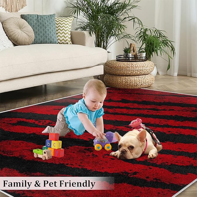 Red Black Retro Tabby Pattern Texture Area Rug, Modern Abstract Print Large Rugs, Indoor Non-Slip Kids Rugs, Machine Washable Breathable Durable Carpet for Front Entrance Floor Decor,6 x 8ft