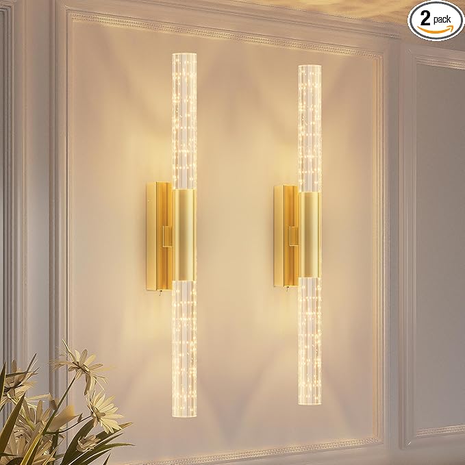 camuucci Battery Operated Gold Wall Sconces Set of 2 Rechargeable Battery Powered Wall Light with 20000mAh Not Hardwired Dimmable Wall Lamp Fixtures for Bedroom Living Room 25.6 Inches