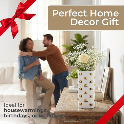Modern Glam Stoneware Vase with Geometric Accents – Decorative Ceramic Flower Holder – Elegant Home Decor Accent for Living Room, Bedroom, Dining Room, or Office – 11", White and Gold