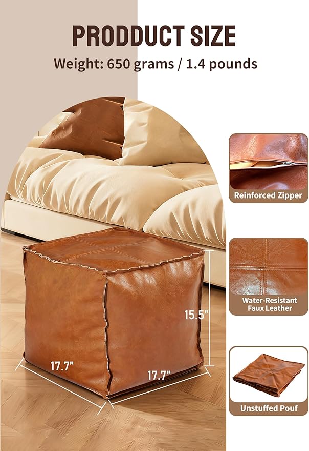 Unstuffed Pouf Ottoman Cover – 17.5in Square Handmade Moroccan Faux PU Leather Ottoman Cover – Tear-Resistant Waterproof Pouf Cover Only, No Filler, for Living Room, Bedroom, Dorm, Office – Brown