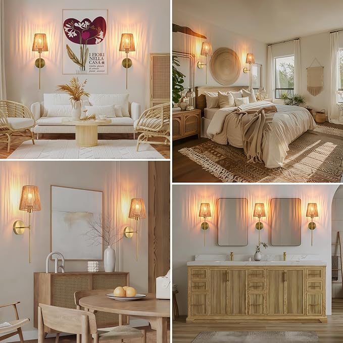 Battery Operated Wall sconces Set of Two,Rattan Shade Gold with Remote Rechargeable Light Bulbs,dimmable RGB,Living Room,Bedroom,Hallway,Bathroom can be Used