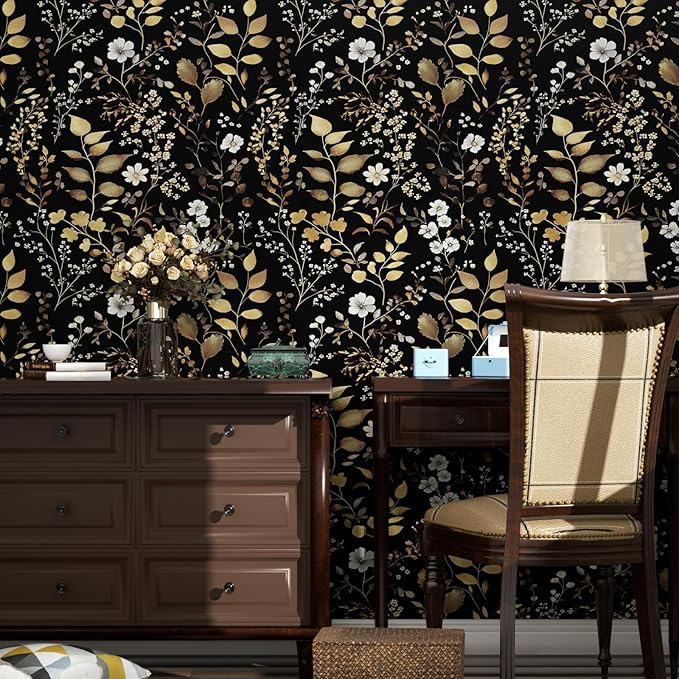 Boho Wallpaper Peel and Stick Dark Floral Wallpaper 17.5in x393in Vintage Leaf Contact Paper Vinyl Waterproof Self Adhesive Golden Leaf Botanical Wall Paper for Cabinet Table Drawer Decor