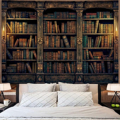YEXIT Retro Bookshelf Wall Tapestry, Vintage Books Study Library Tapestries for College Dorm Bedroom Magic Caslte Backdrop 44×60 inch