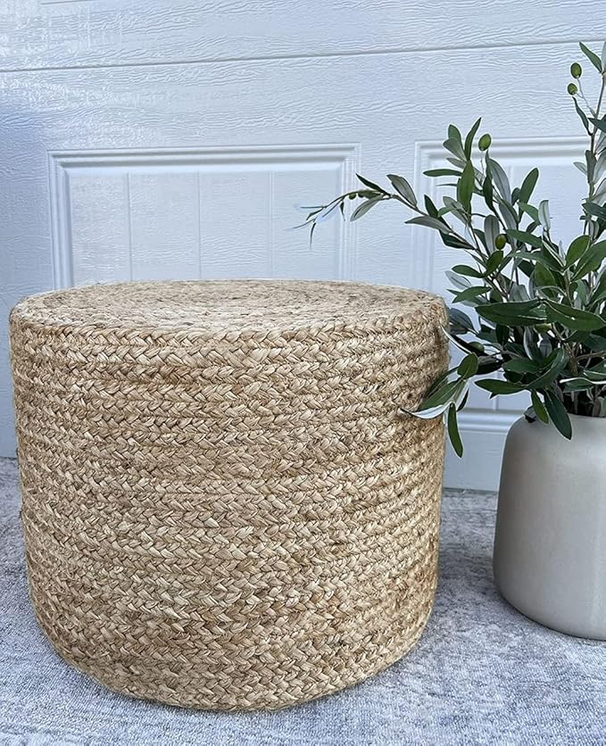 Jute Pouf Ottoman | Footrest Pouf | Hand Braided - Round Boho Pouffe - for Living Room, Bedroom, Nursery (18"x18"x12") Natural