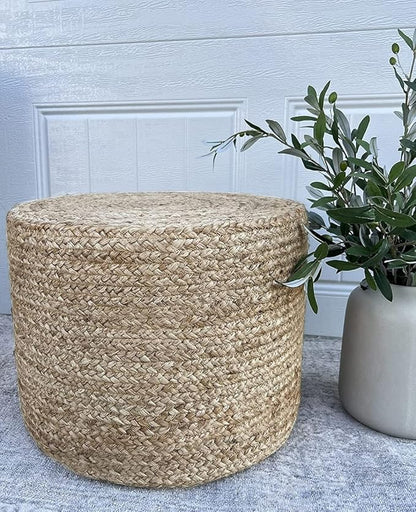 Jute Pouf Ottoman | Footrest Pouf | Hand Braided - Round Boho Pouffe - for Living Room, Bedroom, Nursery (18"x18"x12") Natural