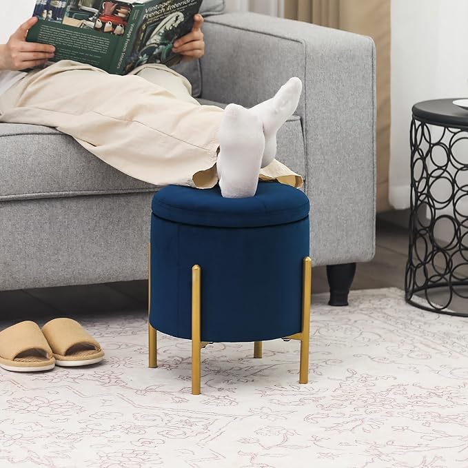 Adeco Upholstered Tufted Round Storage Ottomans, Navy Modern Velvet Footstool with Storage Space and Gold Metal Legs for Couch, Living Room, Bedroom, Entryway