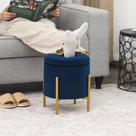 Adeco Upholstered Tufted Round Storage Ottomans, Navy Modern Velvet Footstool with Storage Space and Gold Metal Legs for Couch, Living Room, Bedroom, Entryway
