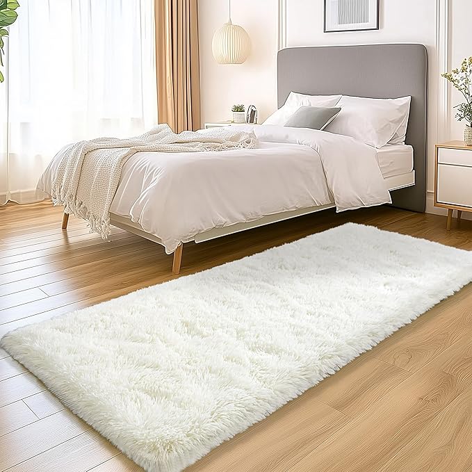 Fluffy Runner Rugs for Bedroom Hallways, 2x6 Runners for Hallways Fluffy Shag Throw Area Rug Non Slip for Bedside Dorm, Shag Rugs for Girls Boys Bedroom, Floor Carpet Runner for Kids Dorm, Cream White