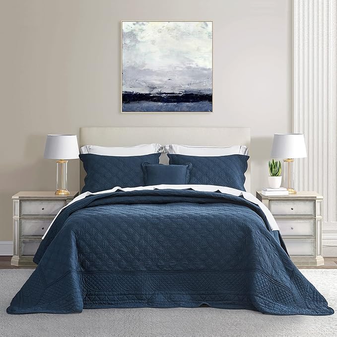 CHIXIN Cotton Bedspread Full Size - Real Stitching - Luxury Quilted Bedding Cover for All Season, Reversible, Ultra Soft, Lightweight, 3 Piece, Navy