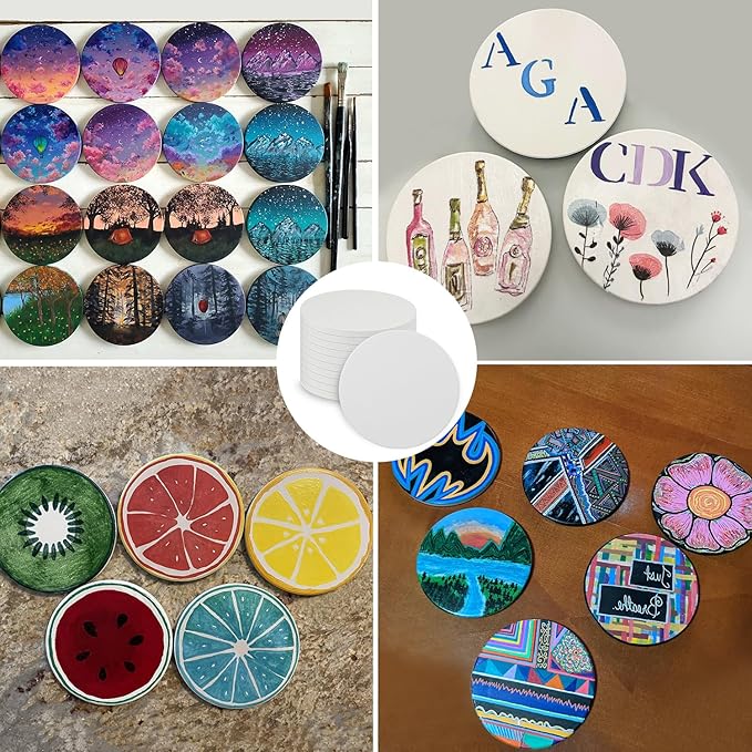 GNIEMCKIN 50 Pieces 3.54 Inch Round Blank Ceramic Coasters, Unglazed Ceramic Tiles Coasters with Cork Backing Pads for Painting, DIY Crafts, Circular, White.
