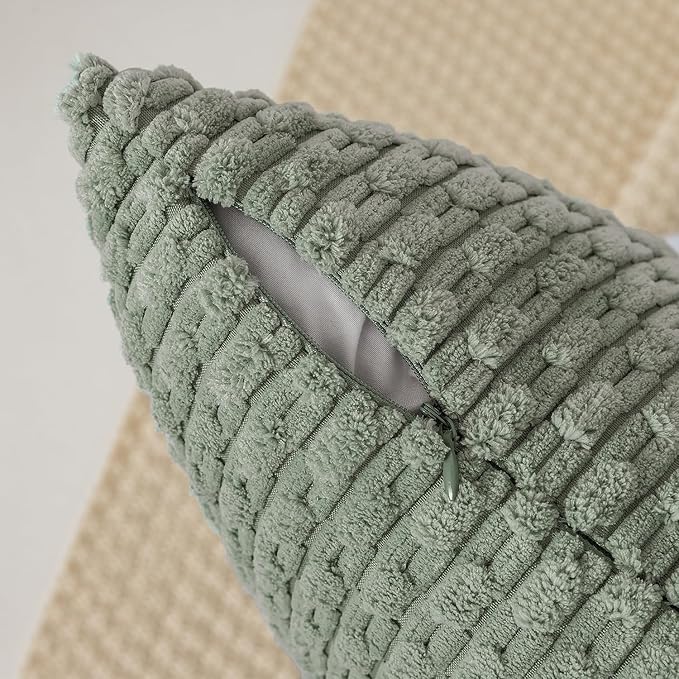 Kevin Textile 14x36 Inch Long Lumbar 1 Pack Boho Decorative Throw Pillow Cover Soft Striped Corduroy Rectangle Cushion Case Farmhouse Solid Color Accent for Living Room Couch Sofa Bed, Greyish Green
