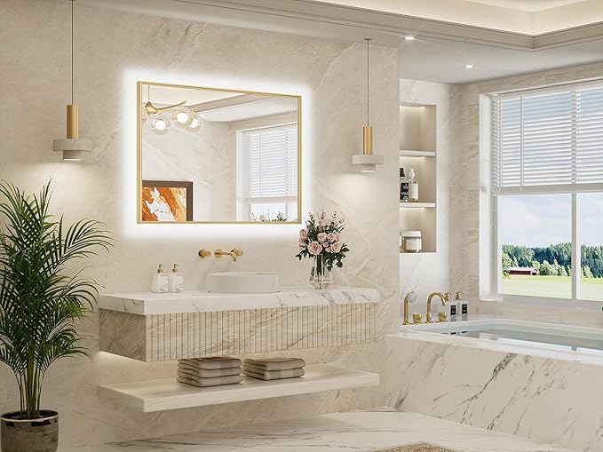 TETOTE 40 x 30 Backlit Bathroom Mirror Brushed Gold Metal Frame LED Light Vanity 3-Color White/Warm/Natural Stepless Dimmable Anti-Fog Backlight Mirror Wall-Mounted