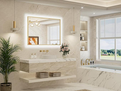 TETOTE 40 x 30 Backlit Bathroom Mirror Brushed Gold Metal Frame LED Light Vanity 3-Color White/Warm/Natural Stepless Dimmable Anti-Fog Backlight Mirror Wall-Mounted