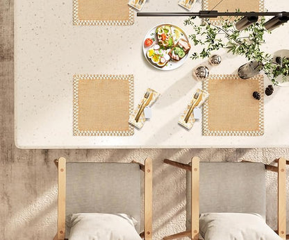 Hausattire Jute Burlap Placemat 13x19 Inches - Natural, Lace Design Edges Table Mats for Bar Table Indoor Outdoor Rustic Thanksgiving Farmhouse Kitchen Coffee Dinner Table Decor Mats - Set of 4