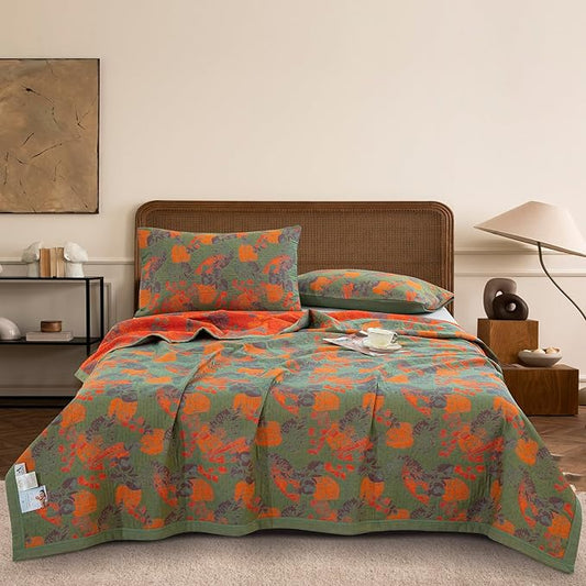 100% Cotton Muslin Blanket Jacquard Ginkgo Leaf Floral Pattern Quilt, Soft Bed Cover Lightweight Breathable Gauzy Reversible Bedspread Coverlet Bedding Full/Queen(78"x94"), No Pillow Sham