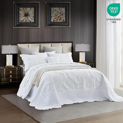 HZ & HY Oversized King Bedspread 128x120 Extra Wide, Quilted Coverlet Bedding Set, Lightweight Thin Comforter, Reversible, 5 Piece, 100% Microfiber, White
