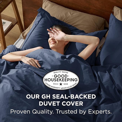 Bedsure 100% Washed Cotton Duvet Cover Queen Size - Navy Minimalist Cotton Duvet Cover Linen Like for All Seasons - GentleSoft™ Plain Simple Bedding (Navy, Queen, 90"x90")
