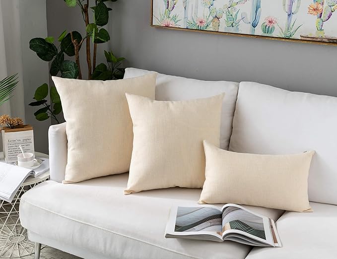 Stellhome Pack of 2 Burlap Throw Pillow Covers Farmhouse Linen Cushion Covers Pillowcase, Home Decor Decorations for Sofa Couch Bed Chair 22x22 Inch/55x55 cm, Cream