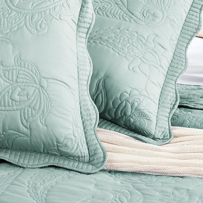 HZ & HY Oversized King Bedspread 128x120 Extra Wide - Paisley Pattern Quilt Set - Gorgeous & Elegant Style Bedding Coverlets, Reversible, Lightweight, 5 Piece, Aqua Sky
