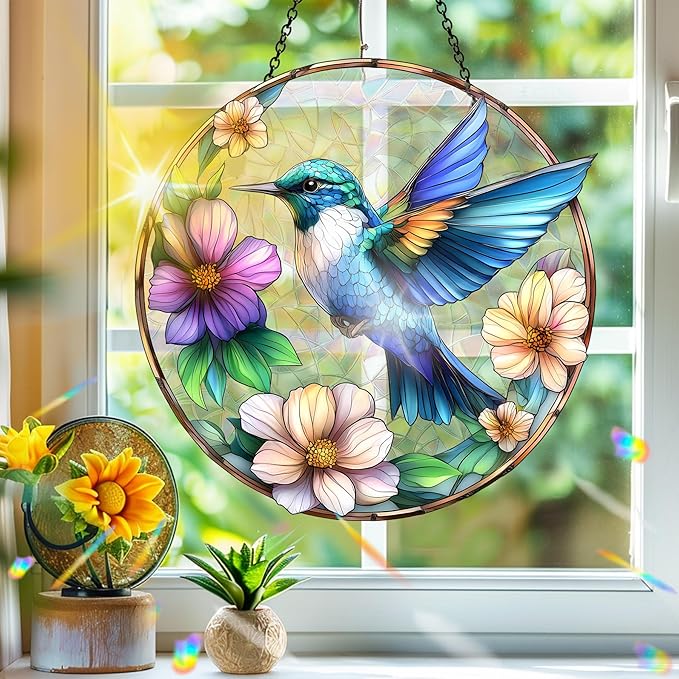 Bimkole Blue Hummingbird Sun Catchers Indoor Window - Hummingbirds Acrylic Suncatcher Hanging Decoration for Living Room Bedroom Summer Home Balcony Outdoor Garden Ornaments Decoration 7.8x7.8 Inch