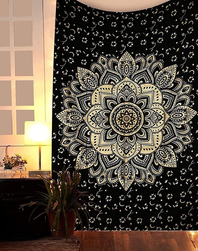 Rajsee Gold Mandala Tapestry - Boho Bedroom Aesthetic - Trippy Wall Hanging - Black Gold Wall Art 52x60 Inches
