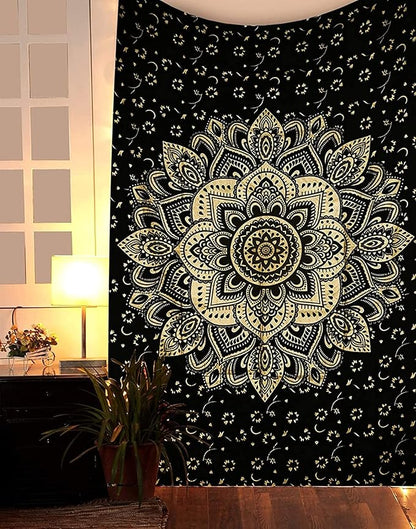 Rajsee Gold Mandala Tapestry - Boho Bedroom Aesthetic - Trippy Wall Hanging - Black Gold Wall Art 52x60 Inches