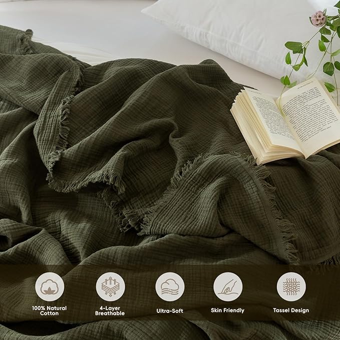MooMee Muslin Blanket - 100% Cotton 4-Layer Gauze Throw Blanket with All-Around Fringe, Ultra-Soft Breathable Lightweight Cooling Decorative for Bed, Sofa & Couch (Olive Green,Throw XL 50" x 70")