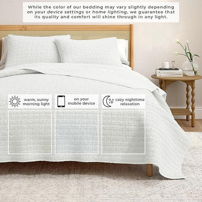 Great Bay Home King Size White 100% Cotton Honeycomb Waffle Quilt and Sham Set - Garment Washed, Waffle Weave Like Texture, Lightweight 3-Piece Bedding Set