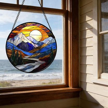 Stained Glass Window Hanging, Yellow Blue Sunset Mountains Scenery Sun Catcher for Window Home Decor Landscape Suncatcher Mother's Day Birthday Gifts for Women Men Mom and Nana 7.8 in