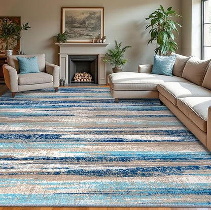 Modern Abstract 9x12 Large Machine Washable Living Room Rug Non-Slip Soft Bedroom Area Rug Blue Ultra Thin Print Faux Wool Carpet Throw Rugs for Nursery Playroom Dining Room Indoor Office