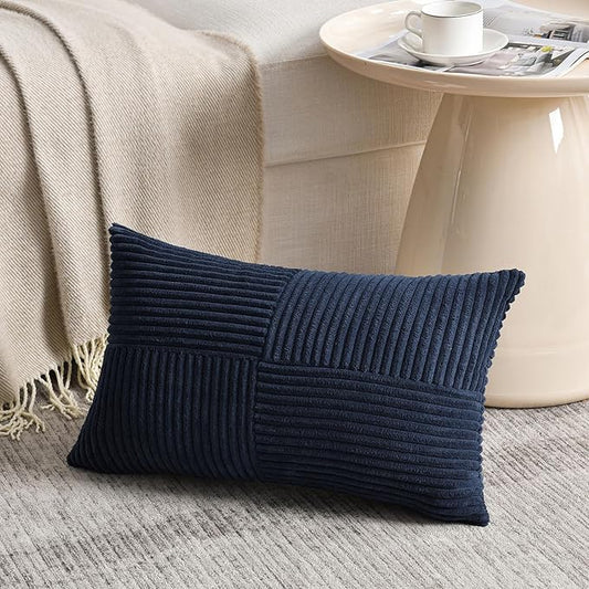 Fancy Homi 2 Packs Navy Blue Lumbar Decorative Throw Pillow Covers 20x28 Inch for Living Room Couch, Rustic Farmhouse Boho Home Decor, Soft Striped Corduroy Rectangle Accent Cushion Case 50x70 cm