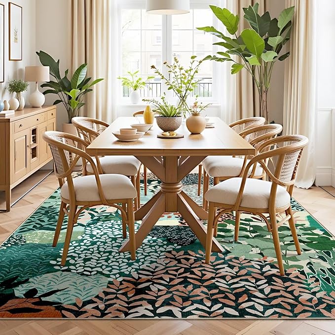 DEXDE Washable Area Rugs 6x9 for Living Room, Floral Large Rug Boho Print Vintage Low Pile Non Slip Carpet for Bedroom Kids Room Nursery Office Dinning Room, Dark Green