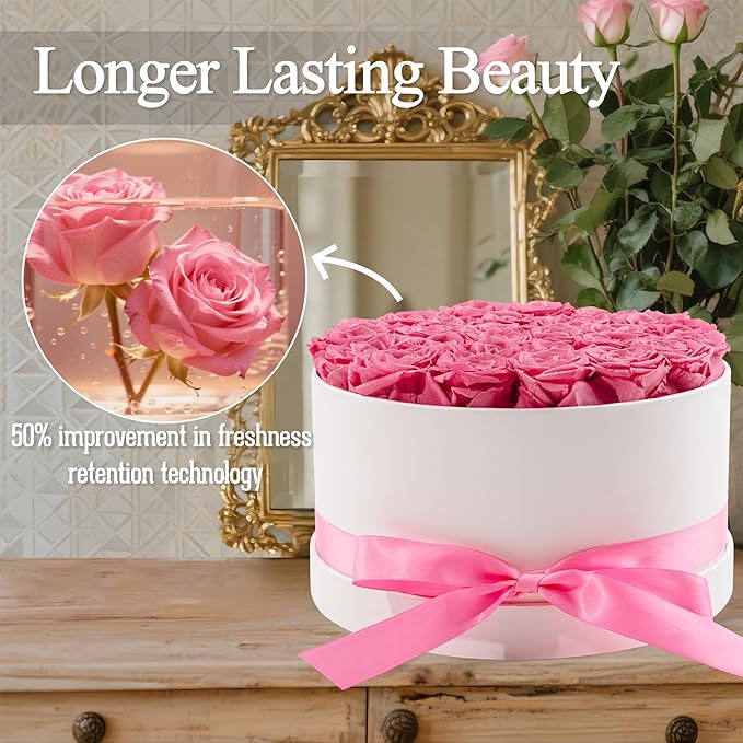 27 Forever Roses in Luxury White Box, Eternal Real Roses Birthday Gifts for Women, Preserved Flowers for Delivery Prime, Anniversary, Valentine's Day, Mothers Day for Mom (Pink)