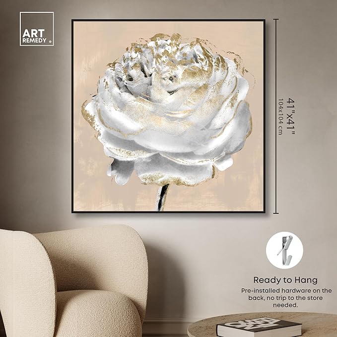 Art Remedy Beige Ranunculus Canvas Elegant White Gold Wall Art, Black Frame, 40" x 40"
