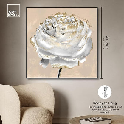 Art Remedy Beige Ranunculus Canvas Elegant White Gold Wall Art, Black Frame, 40" x 40"