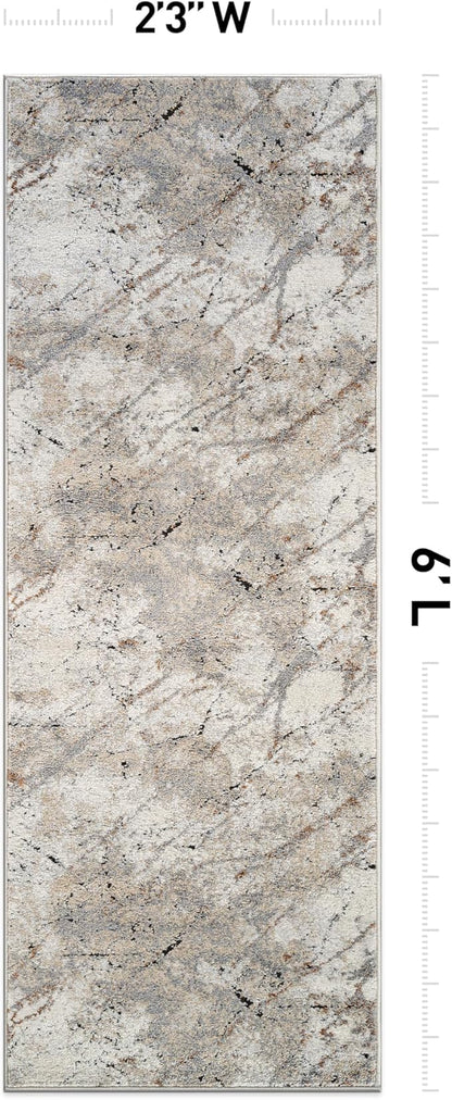Rugshop Drifted Marble Abstract Area Rug Durable, Kid & Pet Friendly Gray, Ivory, Neutral Tones 2' 3" x 6' Runner Ideal for Hallway, Kitchen, Entryway, or Behind The Sofa