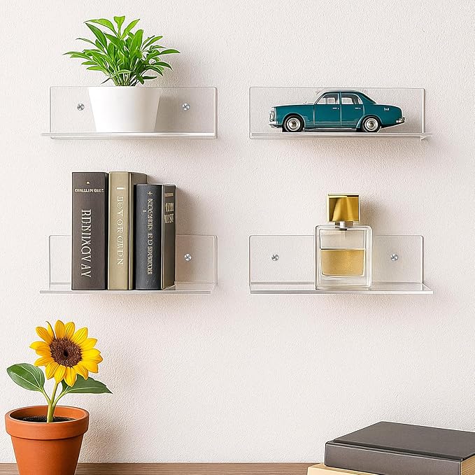 4 Pack 12 Inch L-Shaped Acrylic Floating Shelf Clear Wall Mounted Shelves Invisible 4.3MM Thick Shelf for Wall Storage Clear Shelves for Makeup Photo Picture Book Record Display