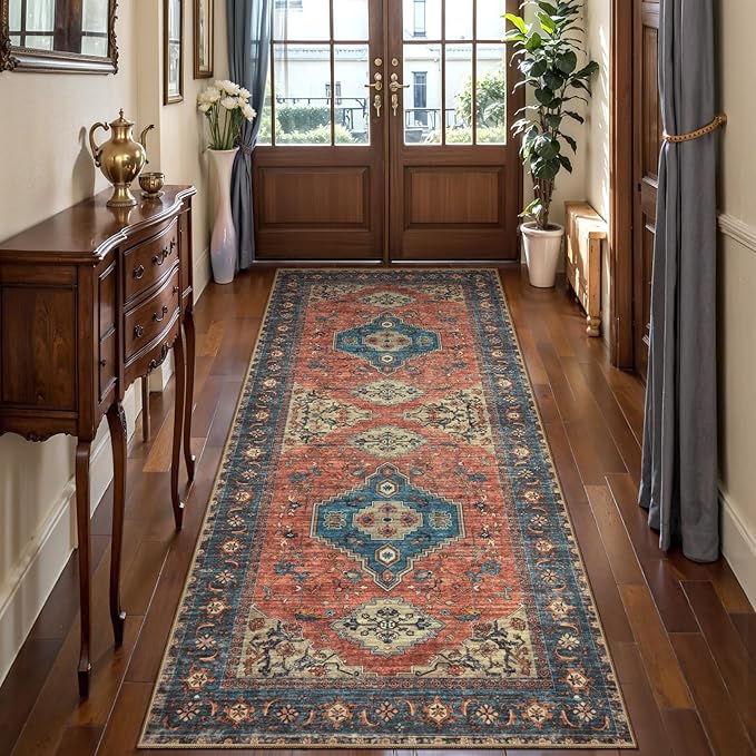 Tangsoo 2x5 Washable Runner Rug for Hallways, Non Slip Vintage Runner Rug, Soft Low Pile Long Rug Runner, Print Distressed Carpet Runners for Kitchen Bedroom Entryway Bathroom Living Room Terracotta