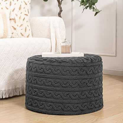 Round Plush Ottoman Pouf Stuffed– Fluffy Ottoman Foot Rest with Modern Foam Filler 20" x 14" Cozy Floor Pouf for Living Room & Bedroom (Gray)