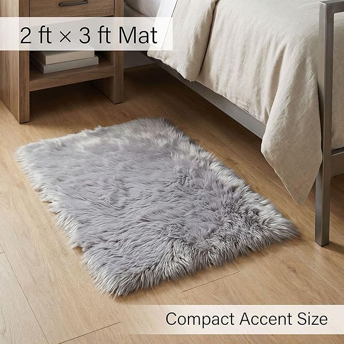 2 x 3 ft Fluffy Gray Rug – Soft Faux Fur Rug for Bedroom, Living Room, or Entryway – Cozy Faux Sheepskin Accent for Home Decor