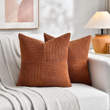 Fancy Homi 2 Packs Rust Samll Decorative Throw Pillow Covers 14x14 Inch with for Couch Bed, Rustic Farmhouse Boho Home Decor, Soft Corss Patchwork Corduroy Square Terracotta Cushion Case 35x35 cm