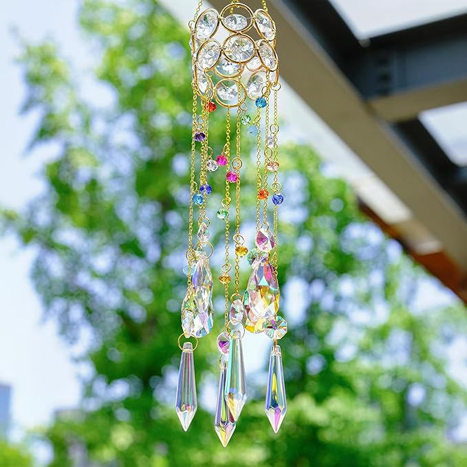HDCRYSTALGIFTS 14.5'' Length Crystal Suncatchers, Hanging Crystals Sun Catcher with Colorful Beads Chain Rainbow Maker for Window Indoor Outdoor Home Office Garden Decoration