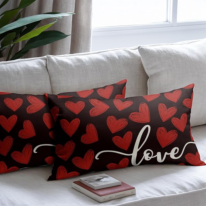Valentines Day Pillow Covers 12x20 Set of 2 Black Heart Throw Pillow Covers Love Pillowcase Linen Decoration Farmhouse Holiday Cozy Soft Cushion Case Couch for Indoor Outdoor Home Decor